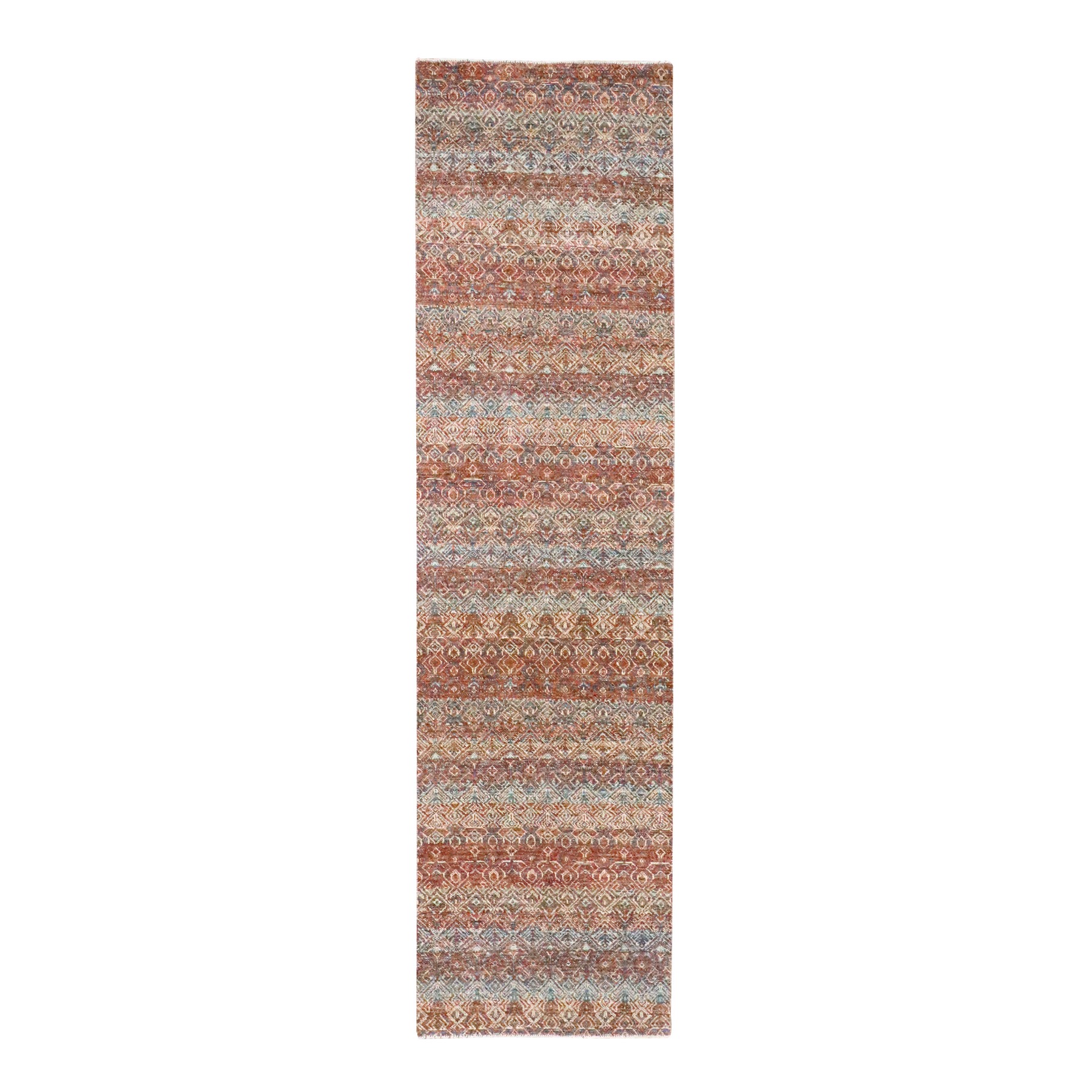 2'7"x10' Summer Fig Red, Kohinoor Herat with Small Geometric Repetitive Diamond Design, Soft and Vibrant Wool, Tone On Tone, Hand Knotted, Runner, Oriental Rug 